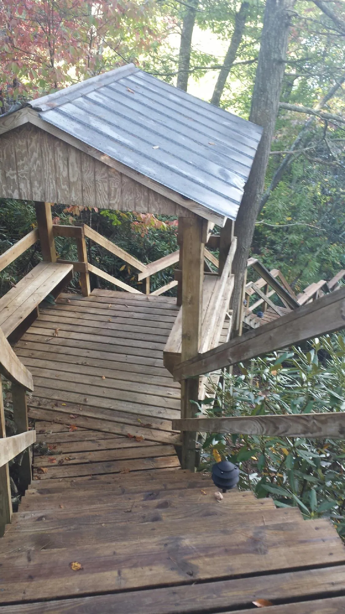 Metal roofed shelter over wooden steps on a wooded walkway — Skylight Repair & Installation work by our crew in Mackinaw